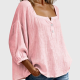 Arianne | Women's Square Neck Blouse 3/4 Puff Sleeve Button Top
