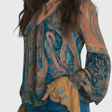 Clara | Bohemian Teal & Amber Paisley Chiffon Blouse With Ruffled Cuffs