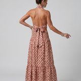 Amira | Cross Halter Geometric Print Cutout Midi Dress