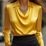 Elegant White Satin Blouse with Draped Neckline
