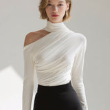 Asymmetric Draped High-Neck Long Sleeve Top