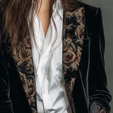 Classic Black Velvet Blazer with Baroque Printed Lapel - Timeless Vintage Luxury