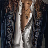 Embroidered Long Jacket in Vintage Navy Polyester Velvet