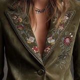 Embroidered Floral Olive Green Velvet Blazer