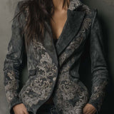 Charcoal Taupe Embossed Floral Eco-Suede Blazer