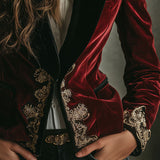 Luxurious Velvet Blazer with Elegant Black Collar and Gold Embroidery