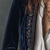 Embroidered Long Jacket in Vintage Navy Polyester Velvet