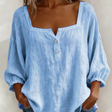 Arianne | Women's Square Neck Blouse 3/4 Puff Sleeve Button Top