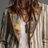 Bohemian Striped Cotton Blazer Featuring Printed Lapels