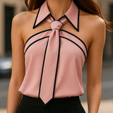 Stylish Sleeveless Halter Neck Blouse With Bold Contrast Trim