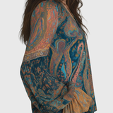 Clara | Bohemian Teal & Amber Paisley Chiffon Blouse With Ruffled Cuffs