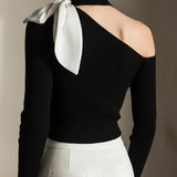 One-Shoulder Knit Top With Contrast Bow Detail
