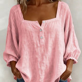 Arianne | Women's Square Neck Blouse 3/4 Puff Sleeve Button Top