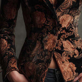 Black and Bronze Velvet Floral Print Blazer