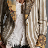 Bohemian Striped Cotton Blazer Featuring Printed Lapels