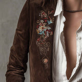 Retro Brown Suede Blazer Featuring Embroidered Accents