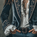 Retro Floral Embroidered Velvet Blazer with Cuffs