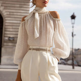 Polka Dot Cold-Shoulder Chiffon Blouse With Scarf Tie