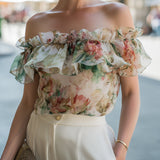 Off-Shoulder Ruffle Floral Chiffon Blouse