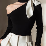 One-Shoulder Knit Top With Contrast Bow Detail