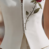 Rose Embroidered Sleeveless Zip-Front Vest