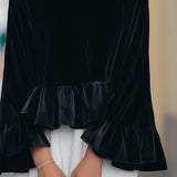 Round Neck Velvet Ruffle-Trim Blouse