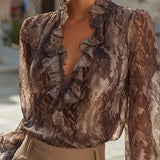 Ruffled V-Neck Printed Long Sleeve Blouse