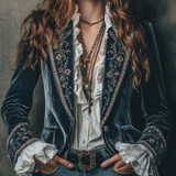 Retro Floral Embroidered Velvet Blazer with Cuffs