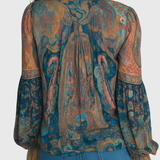 Clara | Bohemian Teal & Amber Paisley Chiffon Blouse With Ruffled Cuffs