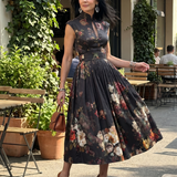Greta | High Neck Keyhole Floral Pleated Midi Dress