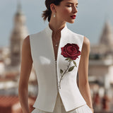 Rose Embroidered Sleeveless Zip-Front Vest