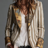 Bohemian Striped Cotton Blazer Featuring Printed Lapels
