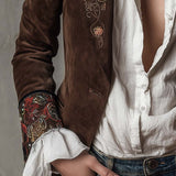 Retro Brown Suede Blazer Featuring Embroidered Accents