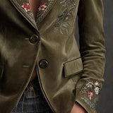 Embroidered Floral Olive Green Velvet Blazer