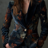 Retro Floral Pattern Velvet Blazer with Metal Buttons