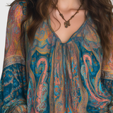 Clara | Bohemian Teal & Amber Paisley Chiffon Blouse With Ruffled Cuffs