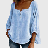 Arianne | Women's Square Neck Blouse 3/4 Puff Sleeve Button Top