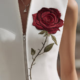 Rose Embroidered Sleeveless Zip-Front Vest