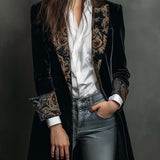 Classic Black Velvet Blazer with Baroque Printed Lapel - Timeless Vintage Luxury