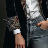 Classic Black Velvet Blazer with Baroque Printed Lapel - Timeless Vintage Luxury
