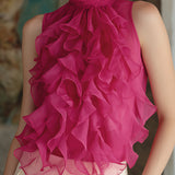 Ruffled High-Neck Sleeveless Chiffon Blouse