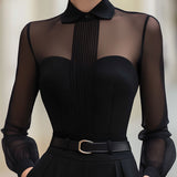 Sheer Panel Pleated Front Blouse