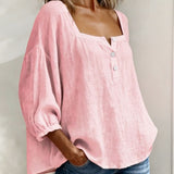 Arianne | Women's Square Neck Blouse 3/4 Puff Sleeve Button Top