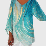 Florence | Women's Print Long Sleeve V-Neck Asymmetrical Hem Blouse