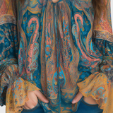 Clara | Bohemian Teal & Amber Paisley Chiffon Blouse With Ruffled Cuffs