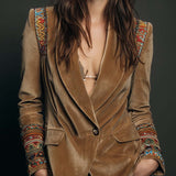Embroidered Bohemian-Style Blazer in Polyester Velvet