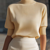Ribbed Mock-Neck Short-Sleeve Knit Top