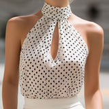 White & Black Polka Dot Halter Neck Keyhole Chiffon Top
