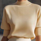 Ribbed Mock-Neck Short-Sleeve Knit Top