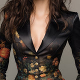 Chic Floral Print Satin Blazer with Elegant Oil Painting Design